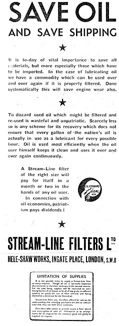 Stream-Line Oil Filters 1943 Advert                              