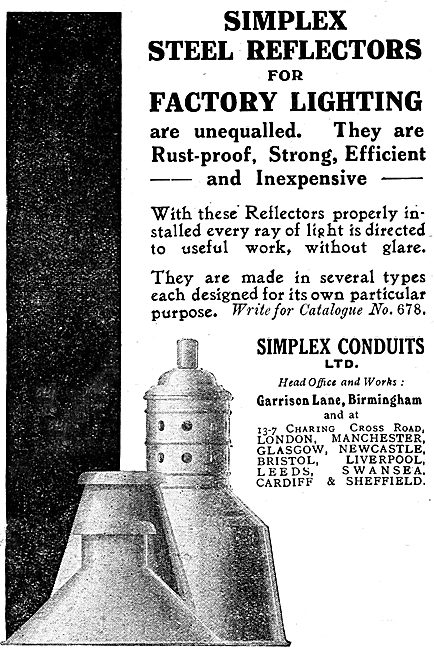 Simplex Conduits - Steel Reflectors For Factory Lighting. 1919   