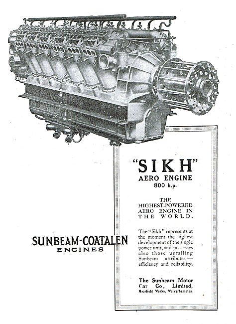 Sunbeam-Coatalen Sikh 800 HP Aero Engine                         