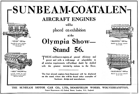 Sunbeam-Coatalen Aero Engine Range 1920                          