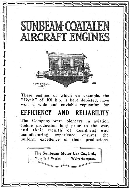 Sunbeam-Coatalen  100 HP Dyak Aero Engine                        