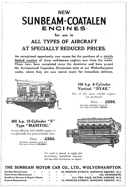 Sunbeam-Coatalen 100 HP Dyak & 300 HP Manitou Aero Engines       