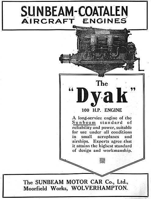 Sunbeam-Coatalen Dyak 100 HP Aero Engine                         