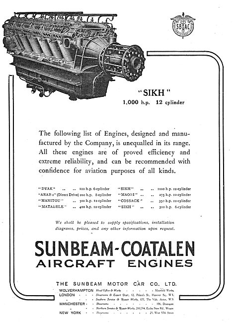Sunbeam-Coatalen Sikh 1000 HP 12 Cylinder Aero Engine            
