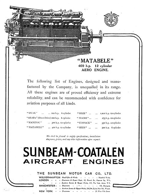 Sunbeam-Coatalen Matabele 400 HP 12 Cylinder Aero Engine         