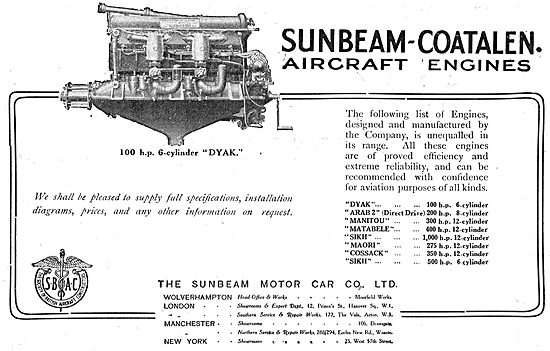 Sunbeam-Coatalen Dyak 100 HP 6 Cylinder Aero Engine              