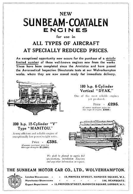 Sunbeam -Coatalen Aero Engine Range 1922                         