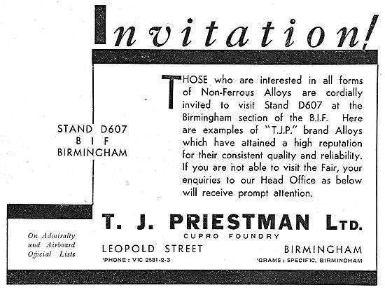 T.J.Priestman Ltd. Leopold St, Birmingham. Non Ferrous Alloys    