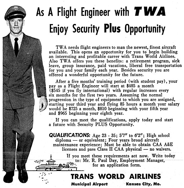 TWA Trans World Airlines Flight Engineer Recruitment 1957        