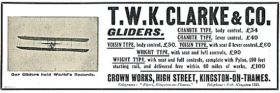 T.W.K.Clarke Chanute & Voisin Body Control Control Gliders       