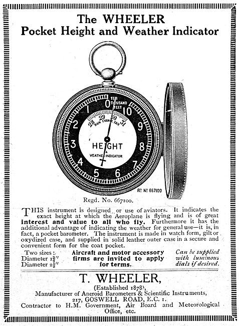 T.Wheeler.  Pocket Height & Weather Indicator. 1919 Advert       