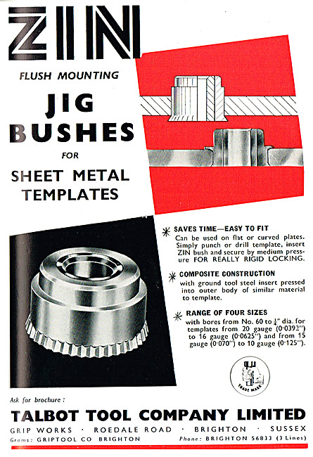Talbot Tool. ZIN Sheet Metal Template Jig Bushes                 
