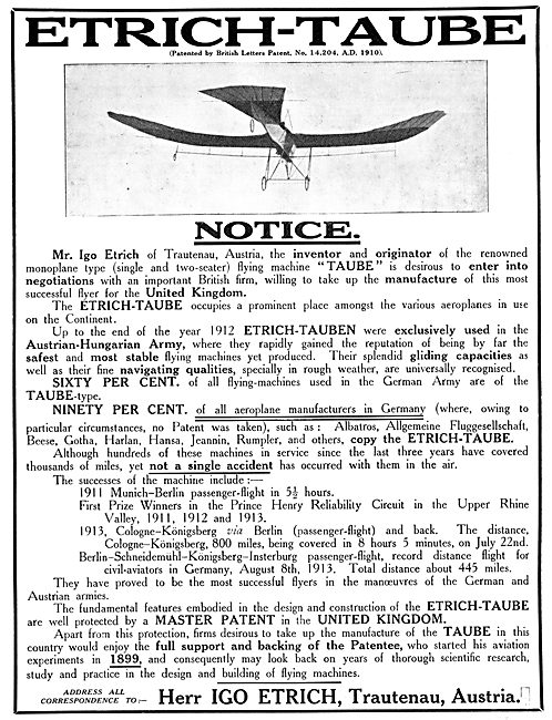 Etrich-Taube Aeroplanes 1913 - Herr Igo Etrich                   
