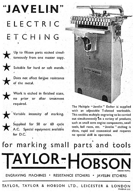 Taylor-Hobson Javelin Electric Etching Machine 1943 Advert       