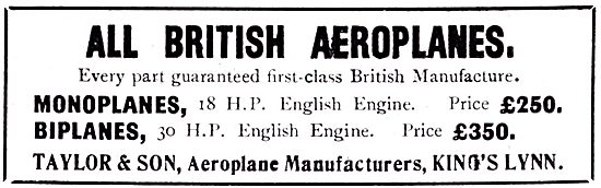 Taylor & Son. Kings Lynn. Aeroplane Manufacturers                