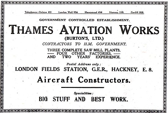 Thames Aviation Works.- Aircraft Constructors & Sawmills         