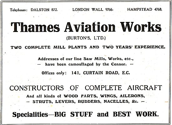 Thames Aviation Works.- Aircraft Constructors & Sawmills         