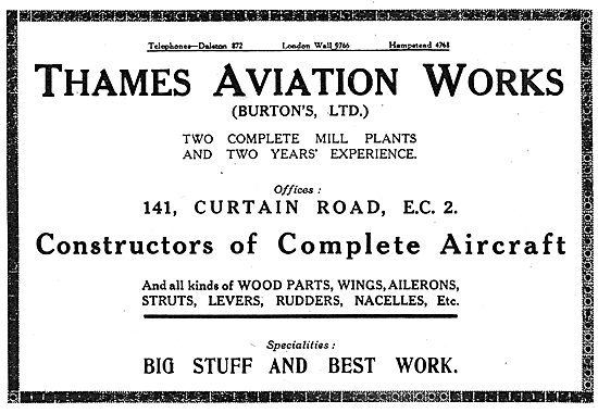Thames Aviation Works.- Aircraft Constructors & Sawmills         
