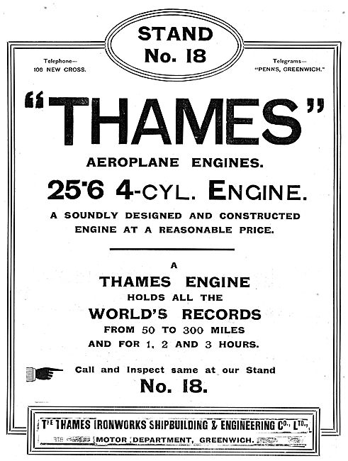 Thames Ironworks: Thames 4 Cylinder Aeroplane Engines            