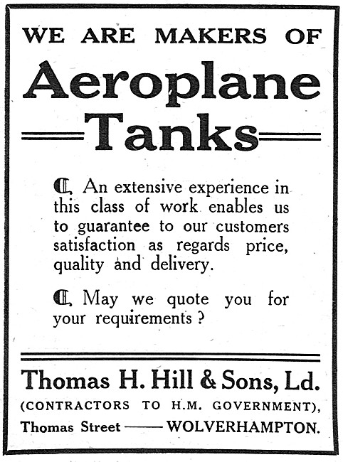 Thomas Hill & Sons Sheet Metal Work. Aeroplane Tanks.            