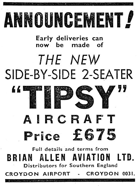 Tipsy Two-Seater 1938 Advert                                     