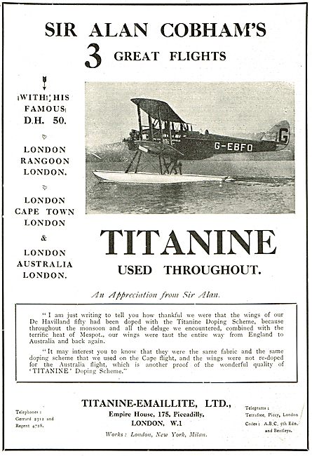 Titanine Aeroplane Dope - An Appreciation From Sir Alan Cobham   
