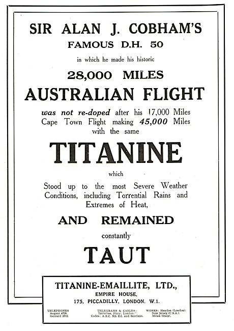 Titanine Dope Used On Sir Alan Cobham's Australian Flight        