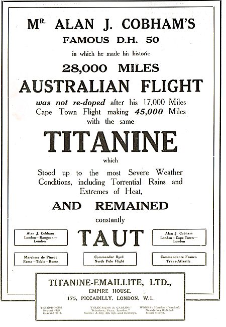Titanine Non-Poisonous Aeroplane Dope Used On Cobham's DH50      