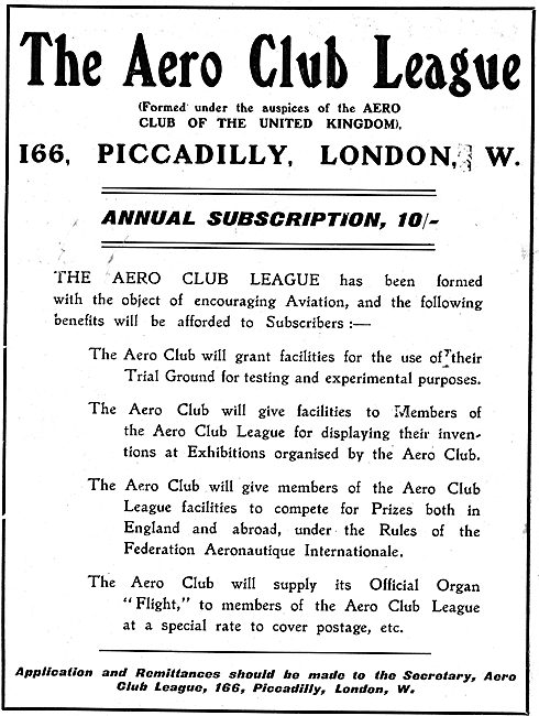 The Aero Club League: Encouraging Aviation. Subscription 10/-    