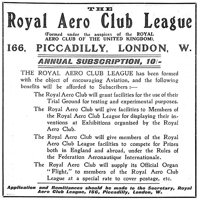 The Royal Aero Club League: Annual Subscription 10/-             