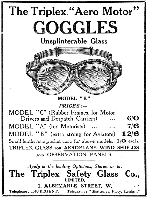 Triplex Aero Motor Goggles - Tripex Goggles 1915                 