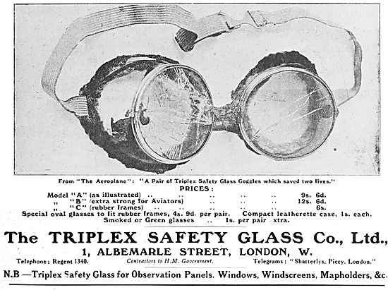 Triplex Safety Glass Aircraft Windscreens & Goggles 1916         