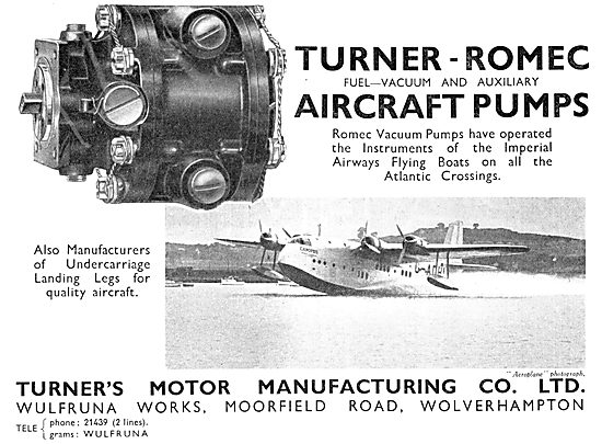 Turner's Motor Manufacturing. Turner-Romec Aircraft Pumps 1937   