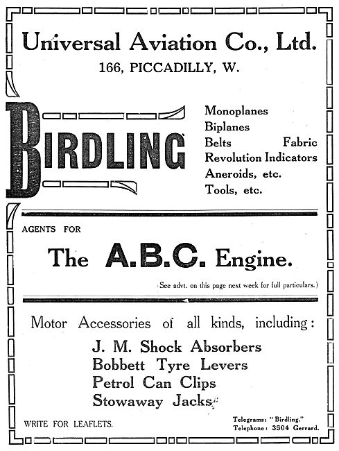 Universal Aviation Co. Birdling Aeroplanes. ABC Engines          