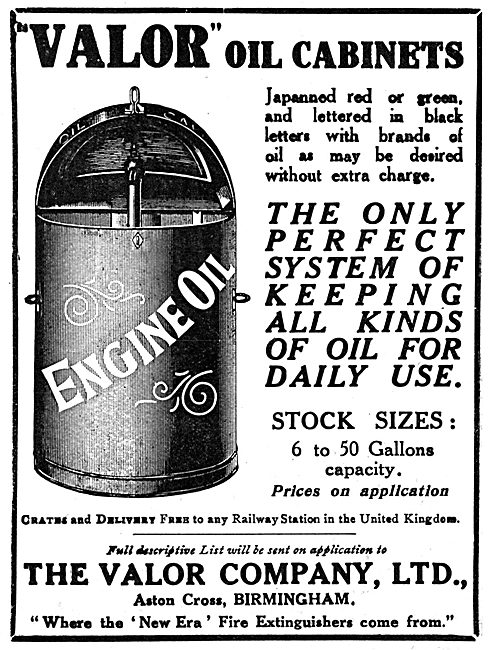 Valor Oil Cabinets For Aircraft Servicing - 1919 Advert          