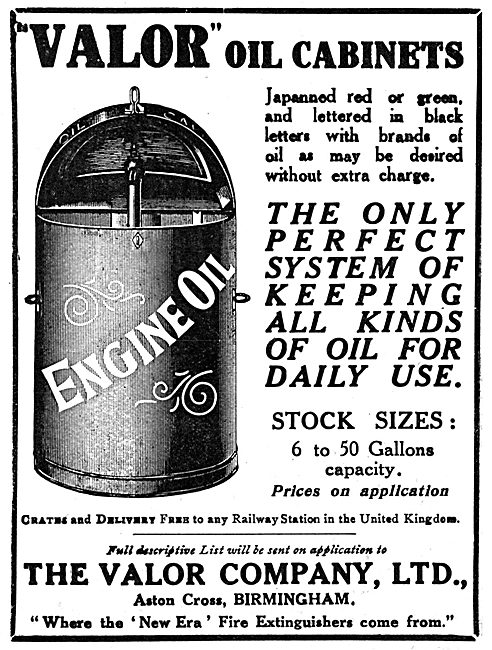 Valor Oil Cabinets For Aircraft Servicing - 1919 Advert          