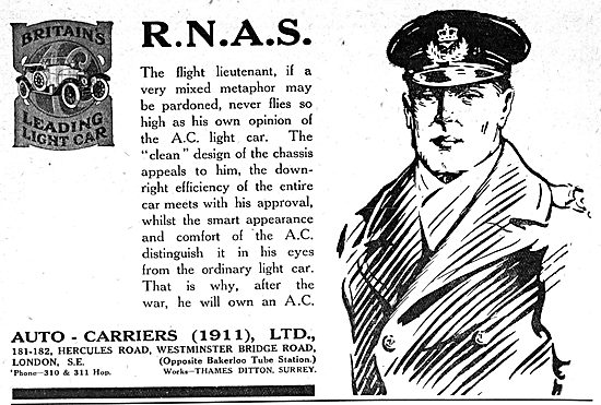 Auto-Carriers. Thames Ditton.  A.C.Cars. 1917 Advertisement      