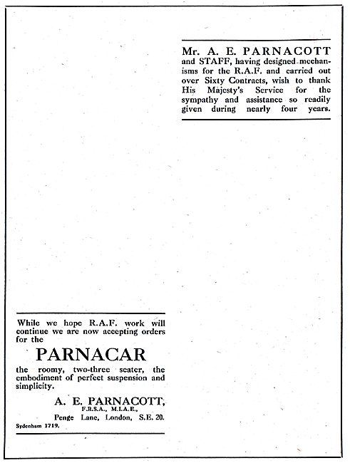 A.E.Parnacott - Parnacar 1918 Advert                             