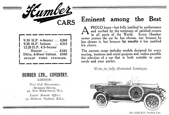 Humber Cars 1926. Humber 9/20 Saloon. Humber Touring Car         