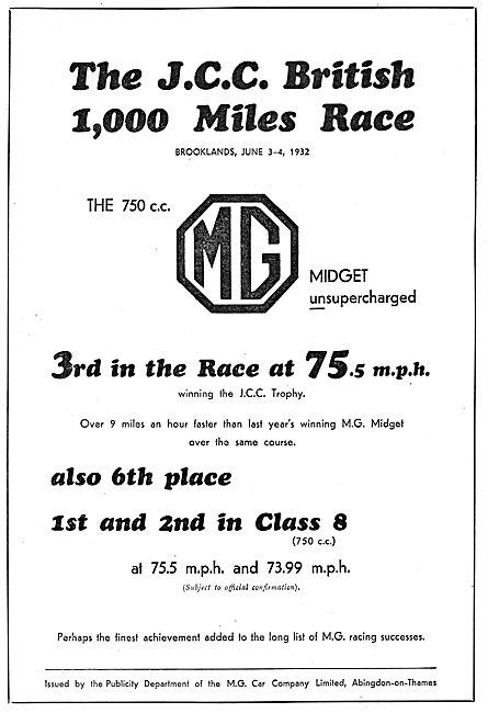 MG Midget Success In JCC 1,000 Miles Race                        