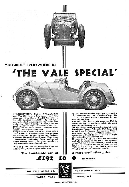 Vale Motor Cars. Vale Special 1932 Advert                        