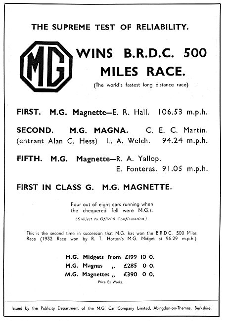 MG Midget  MG Magna  MG Magnette 1933                            