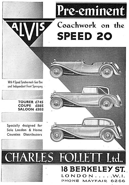 Alvis Cars. Charles Follett. Alvis Speed 20 1933 Advert          