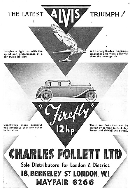 Alvis Cars. Charles Follett. Alvis Firefly 1933 Advert           