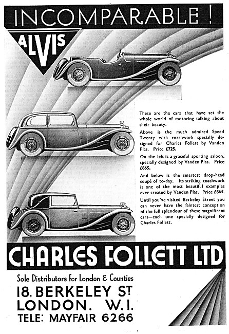 Alvis Cars. Charles Follett. Alvis Speed Twenty 1933 Advert      