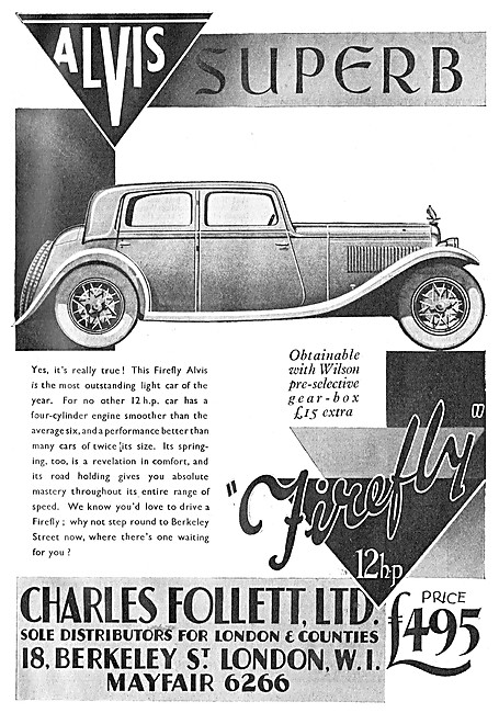 Alvis Cars. Charles Follett. Alvis Firefly 1933 Advert           