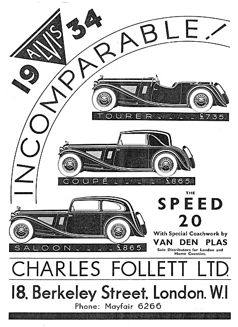 Alvis Cars. Charles Follett. Alvis Speed 20 1933 Advert          