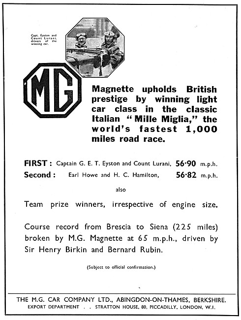 MG Magnette 1933 Advert                                          