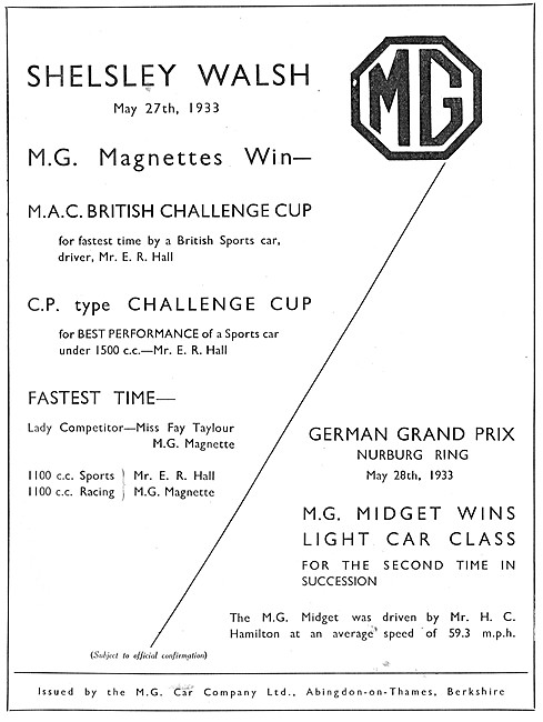 MG Magnette 1933 Advert - M.G.Midget 1933                        