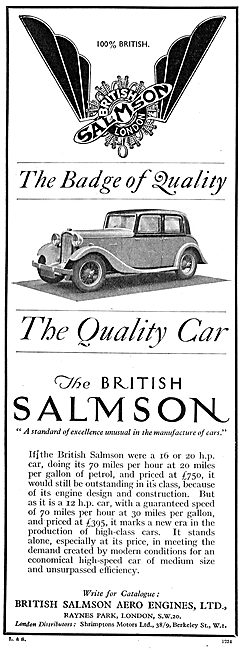 British Salmson Motor Cars & Aero Engines 1934                   